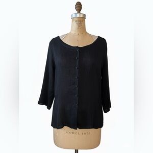 Eileen Fisher Linen Blouse Black Button Down Half Sleeve Boho Coastal Sz M